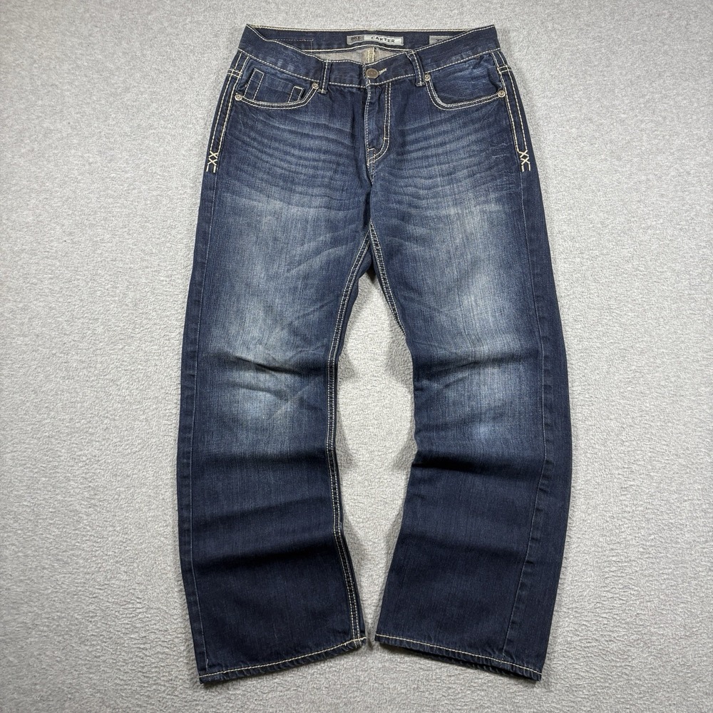 BKE Carter Mens Denim Baggy Jeans 32x30.5 Blue Medium Wash Straight Leg Stitch